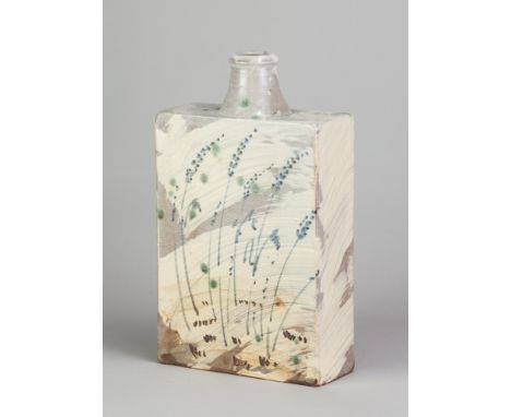 JIM MALONE (born 1946); a large stoneware slab bottle covered brushed slip with cobalt and copper green decoration, impressed