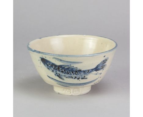 JIM MALONE (born 1946); a porcelain chawan covered in white slip with cobalt fish decoration, impressed JM and B (for Burnby)