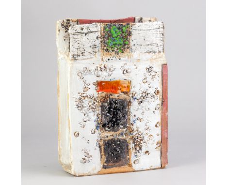 ROBIN WELCH (1936-2019); a stoneware rectangular slab vessel with winged top and textured surface covered in polychrome glaze