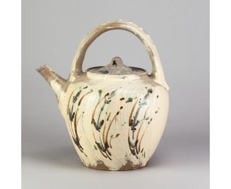 JIM MALONE (born 1946); a large stoneware teapot with loop handle covered in brushed slip with iron, cobalt and copper green 