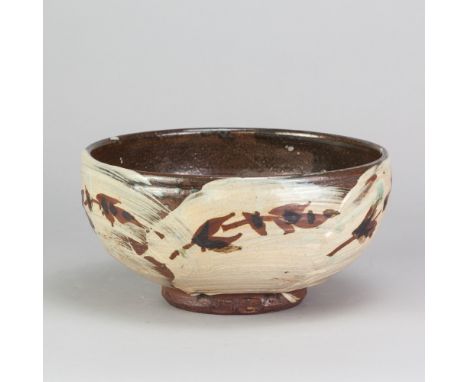 JIM MALONE (born 1946); a stoneware bowl covered in brushed slip with iron decoration, impressed JM and L (for Lessonhall) ma