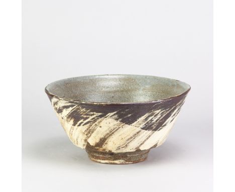 WILLIAM MARSHALL (1923-2007) for Leach Pottery; a deep stoneware bowl partially covered in brushed slip, impressed WM and pot