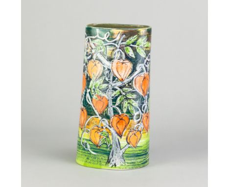 LISA KATZENSTEIN (born 1956); 'Physalis', a tin glazed maiolica leaning vase, painted signature dated 2009, height 25cm. (D)
