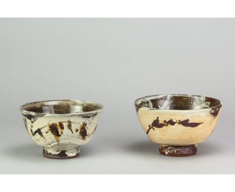 JIM MALONE (born 1946); a stoneware chawan covered in brushed slip with iron decoration, impressed JM and L (for Lessonhall) 