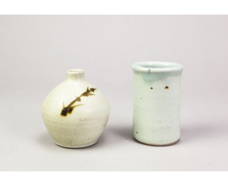Leach Pottery; a porcelain bud vase covered in celadon glaze with iron decoration, impressed pottery mark, height 9cm, and a 