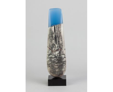 PETER HAYES (born 1946); a raku totem form with fractured smoky white surface and blue top mounted on slate base, painted sig