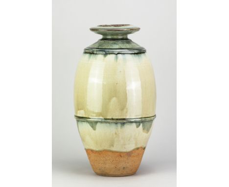 RICHARD BATTERHAM (1936-2021); a tall stoneware bottle partially covered in green ash glaze, height 41cm. (D)Additional Infor