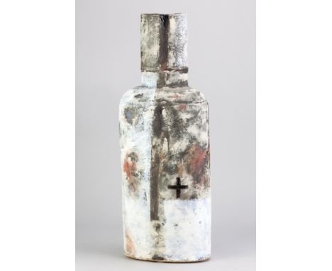 ROBIN WELCH (1936-2019); a tall stoneware oval bottle covered in black, white and red glaze with black enamel crosses, impres