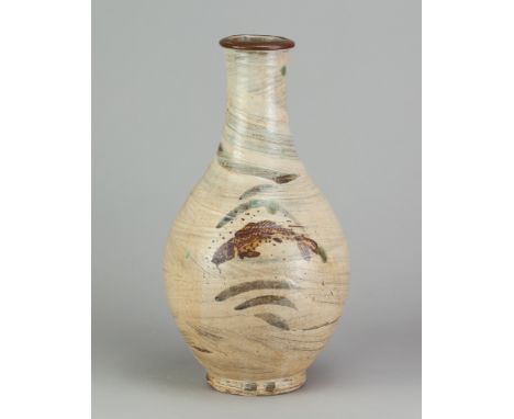 JIM MALONE (born 1946); a large stoneware Korean bottle covered in hakeme slip with iron fish decoration, impressed JM and L 