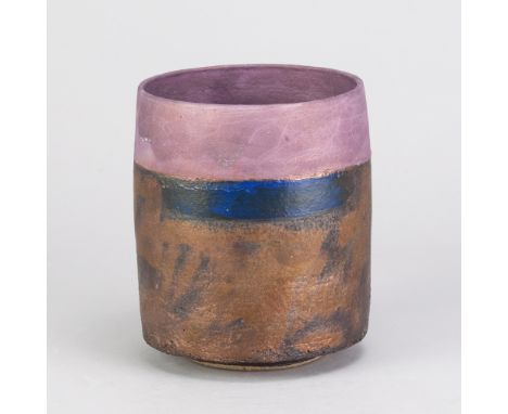 ROBIN WELCH (1936-2019); a stoneware cylindrical vessel with bands of lilac, blue and bronze glaze, impressed RW mark, height
