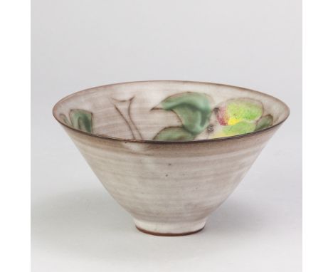 TESSA FUCHS (1936-2012); a tin glazed earthenware conical bowl decorated with apples, impressed TF mark, diameter 16cm. (D)Ad