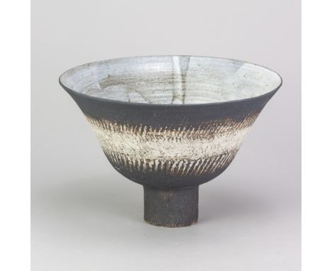 WAISTEL COOPER (1921-2003); a stoneware pedestal bowl with light sgraffito decoration on iron and cream ground with white tin