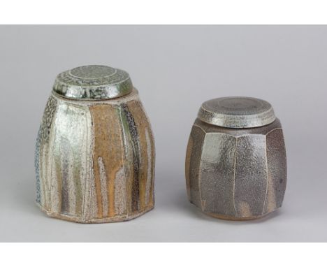 MICKI SCHLOESSINGK (born 1949); a salt glazed cut sided caddy, impressed M mark, height 16.5cm, and a smaller example, height
