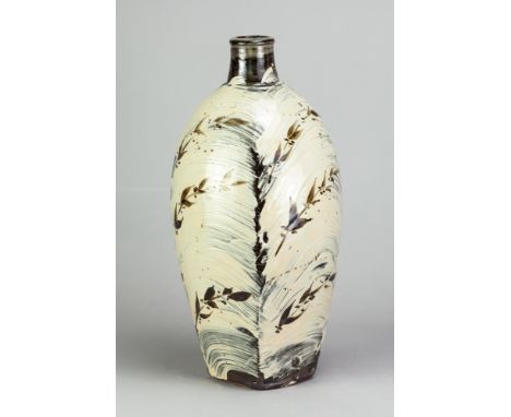 JIM MALONE (born 1946); a stoneware square bottle covered in brushed slip with iron decoration, impressed JM and B (for Burnb