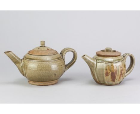 RICHARD BATTERHAM (1936-2021); a stoneware cut sided teapot covered in green ash glaze, height 10.5cm, and a similar teapot b