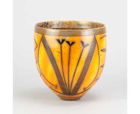 DUNCAN ROSS (born 1943); a smoke fired cup shaped vessel covered in burnished terra sigillata slip with inlaid geometric deco