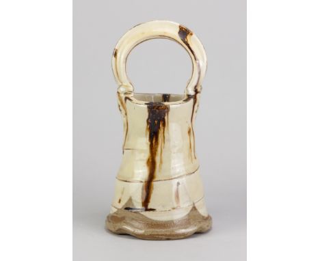 TAKESHI YASUDA (born 1943); a stoneware bucket covered in light honey glaze with manganese decoration, impressed mark and sig