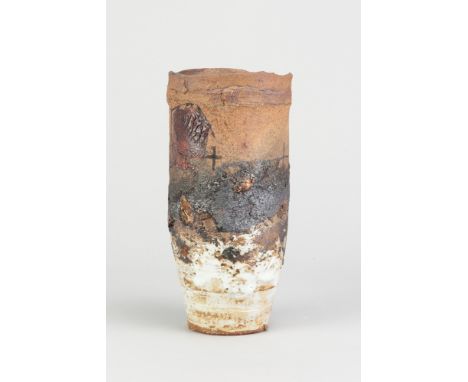 ROBIN WELCH (1936-2019); a stoneware vessel with polychrome glaze and enamel decoration, impressed RW mark, height 21cm. (D)A