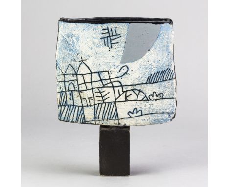 JOHN MALTBY (1936-2020); a stoneware spade vase decorated with a stylised landscape, painted signature, height 22cm. (D)Addit