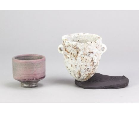 PETER HAYES (born 1946); a perforated Jomon vessel made of mixed clay mounted on an incised clay base, painted signature, hei