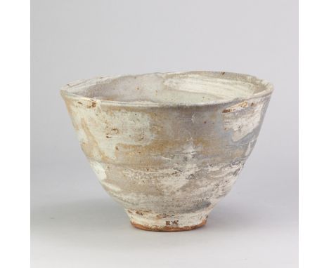 ROBIN WELCH (1936-2019); a deep stoneware bowl with textured surface covered in white and grey glaze, impressed RW mark, diam