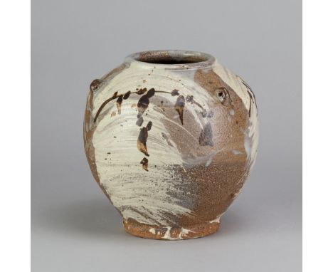 JIM MALONE (born 1946); a stoneware lugged jar covered in brushed slip with iron decoration, impressed JM and A (for Ainstabl