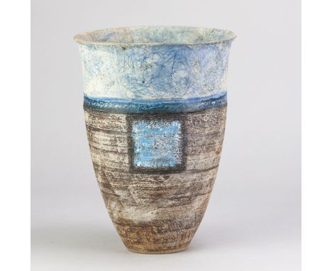 ROBIN WELCH (1936-2019); a stoneware tapered vessel with textured surface and blue square decoration, impressed RW mark, heig