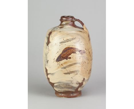 JIM MALONE (born 1946); a large stoneware flask covered in brushed slip with iron fish decoration, impressed JM and L (for Le