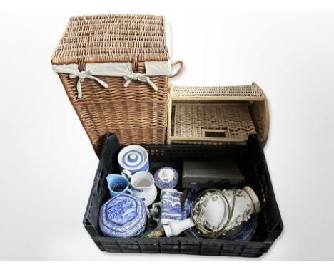 A wicker hamper and magazine rack, together with a quantity of blue and white ceramics including Rington's caddy, porcelain l