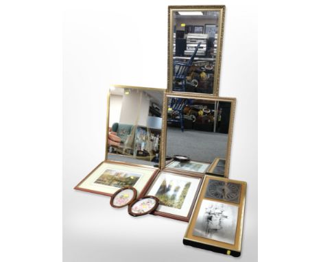 A rectangular gilt-framed mirror, 115cm x 36cm, together with several others, a print of Durham after Ivan Lindsey, etc.