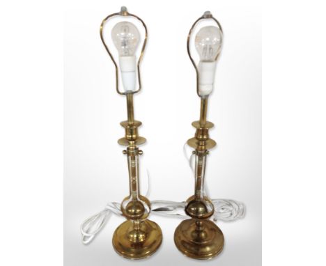A pair of brass lamp bases, height 44cm (continental plugs). 