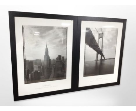 After Tom Baril, two monochrome photographic gallery prints depicting American skylines, 59cm x 46cm, together with a further