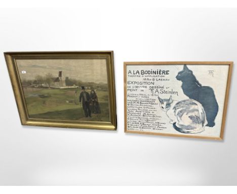 A continental colour print depicting figures in a landscape, 85cm x 59cm, together with a French print, 'a la bodiniére. (2)