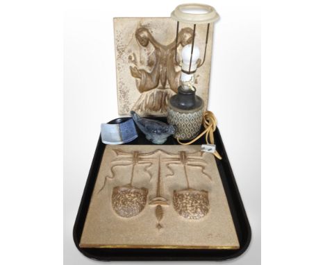 Two continental pottery wall plaques, together with a Danish Soholm Stentoj ceramic lamp base, pottery figure of a seal, etc.