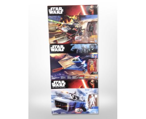 Two Hasbro Star Wars figures, Hera Syndulla's A-Wing , First Order Snowspeeder, and Desert Landspeeder, boxed.