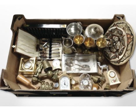 A collection of metal wares, miniature mantel timepieces, cased cutlery, abacus, etc. (1 box) 