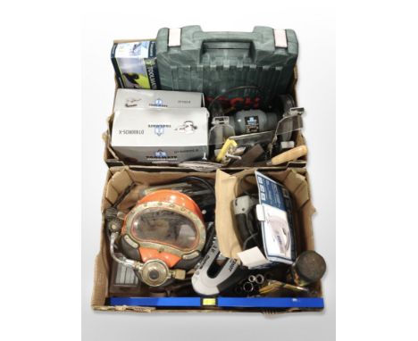 A group of hand and power tools, tabletop disc grinder, etc. (2 boxes)