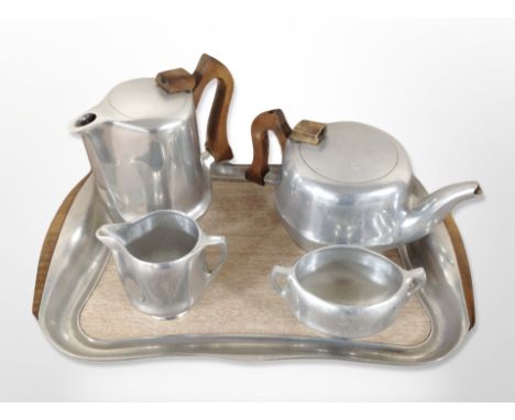 A Picquot ware four-piece tea service on matching tray, width 42cm.
