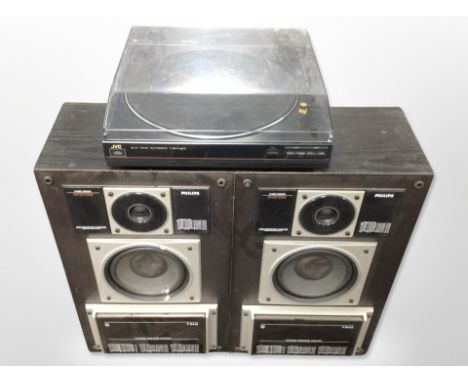 A JVC AL-E1 fully automatic turntable, Philips AK630 Digital Compact Disc Player, and a pair of Philips three-driver system s