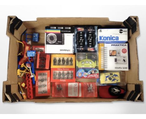 A group of Westair diecast metal figurines including Romans, Vikings, etc., digital cameras including Polaroid, Heroes tradin