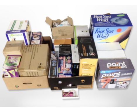 A group of electricals and home appliances, all boxed, together with an iCube II speaker, two Apple iPods, and an iPod Shuffl