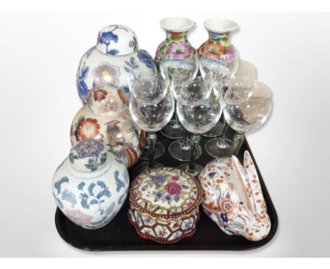 A Japanese Imari export porcelain figure of a rabbit, together with three oriental ginger jars, a further circular trinket bo