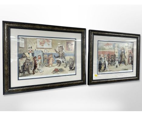 After Louis Wain (1860-1939) : 'The Good Puss' and 'The Naughty Puss', a pair of colour lithographs, each 25cm x 38cm.