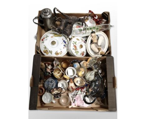 Royal Worcester lidded tureens, assorted glass ware, silver-plated three-piece tea service, pewter teapot, various figures, e