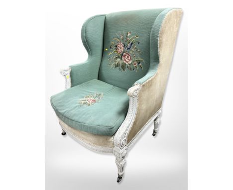 A 19th century French carved and painted wing back armchair in turquoise tapestry fabric, width 79 cm 
