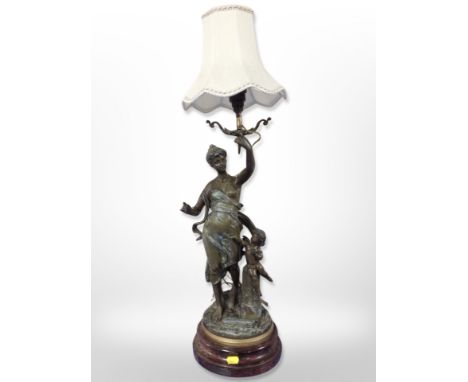 A late 19th century spelter figural table lamp, overall height 74 cm 