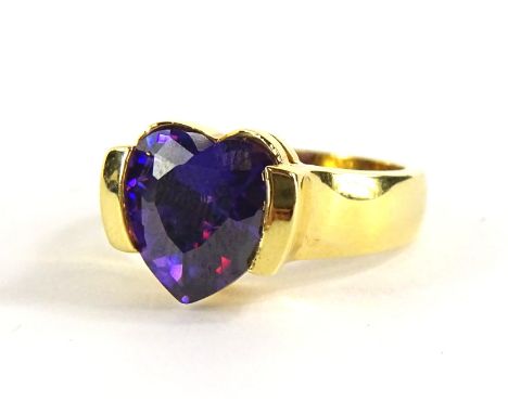 An amethyst set heart shaped ring, with central heart shaped dark purple amethyst, marked 10kt, ring size Q½, in a Pandora bo