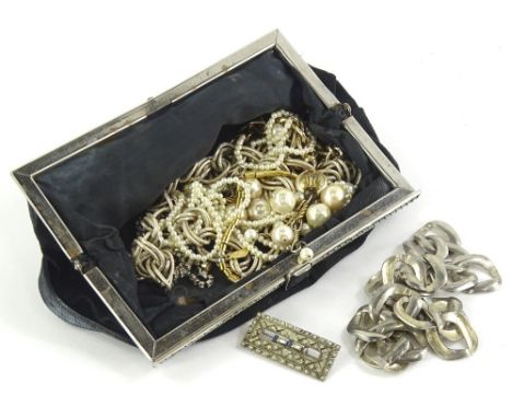 Various modern costume jewellery,  to include a faux pearl necklace, gilt metal chains, etc., 86.5g all in, enclosed in a bla