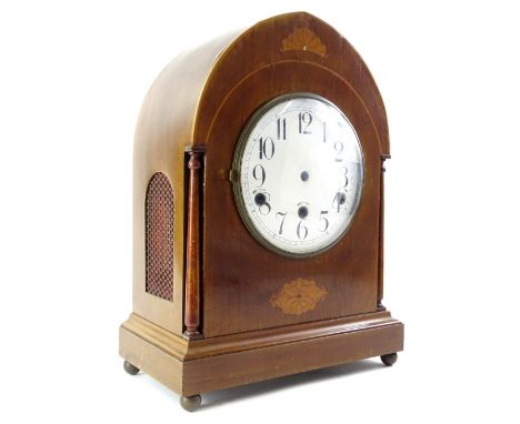 A late 19thC/early 20thC mahogany and marquetry clock case, the white enamel dial with Roman numerals, lacking movement, 39cm