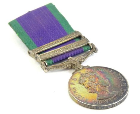 An Elizabeth II Campaign Service medal with bars for the Malay Peninsular and Borneo awarded to a K.931035D.J.Leverett L.M.(E